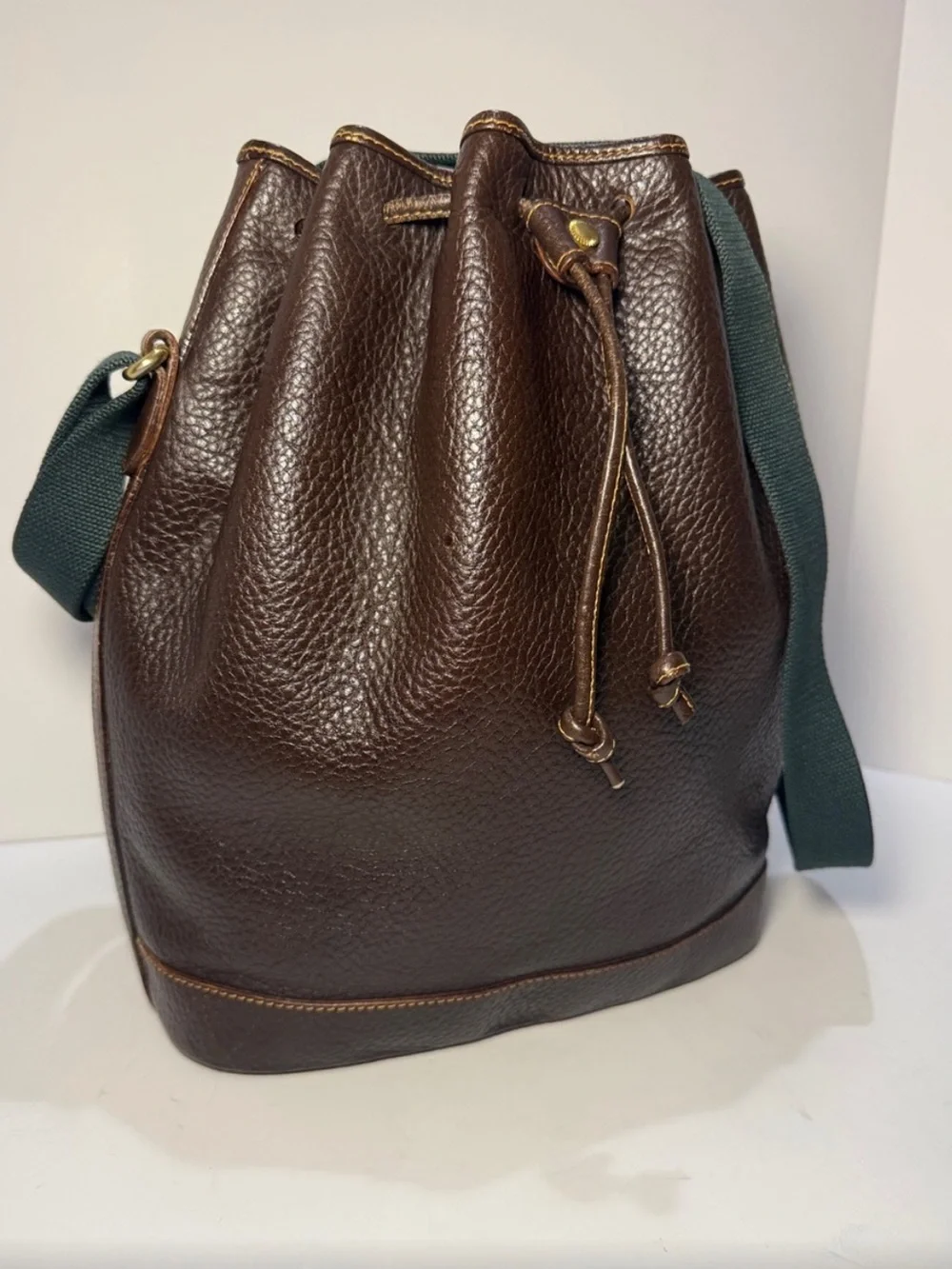Vintage Bally Pebbled Leather Bucket Bag Drawstring & Hunter Green Canvas Strap
